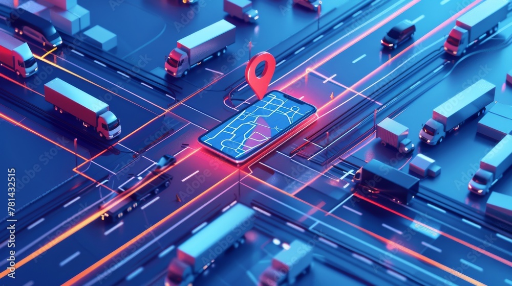 Poster concept of smart logistics, illustrated by a mobile phone with a tracking application for a vehicle 