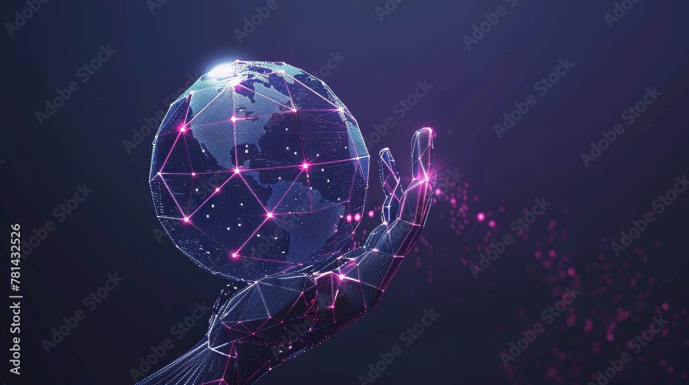 Poster Machine learning concept or internet of things, graphic representing artificial intelligence holding a futuristic globe