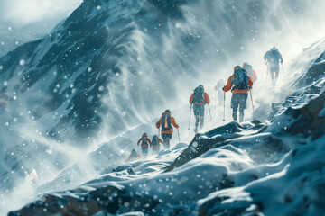 Adventurous hikers trekking through snowy mountains with hiking poles and backpacks