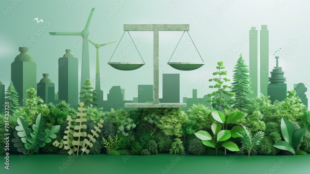 Poster ecological concept with factory and forest balancing each other, graphic of system for environmental