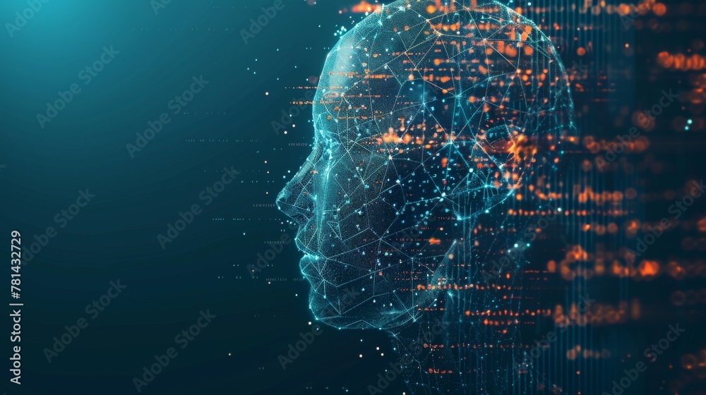 Poster A concept of machine learning or innovation technology, a graphic of an AI head with a programming script