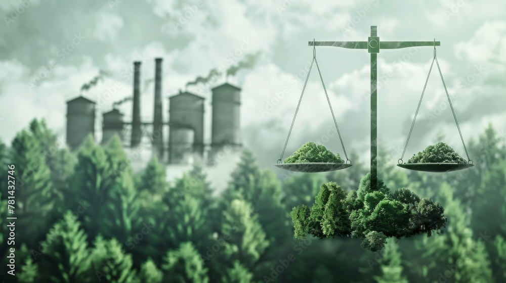 Aufkleber a graphic of a balancing scale between factory and forest to illustrate a concept of environmental c