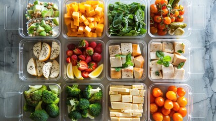 organized and vibrant photo of various healthy foods neatly arranged in meal prep containers,...