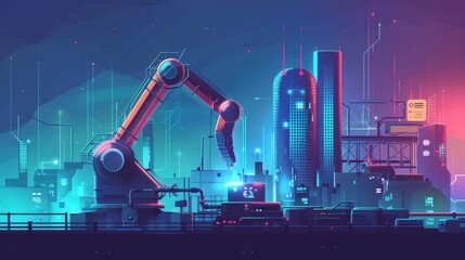 Internet of things or industry 4.0 concept, robot arm building future city with technology elements