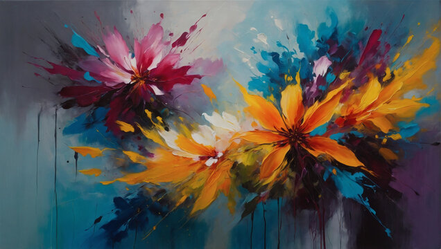 A burst of energy on canvas as abstract flowers come to life in an oil painting, their vibrant colors popping against a dreamy background.