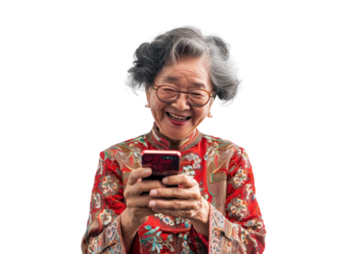 Smiling Southeast Asian Elderly Woman with Phone