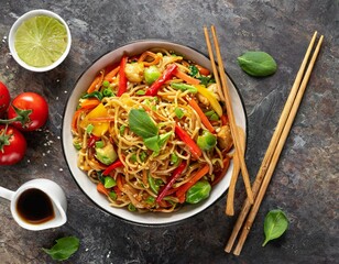 Chow mein, noodles and vegetables dish with wooden chopsticks top view