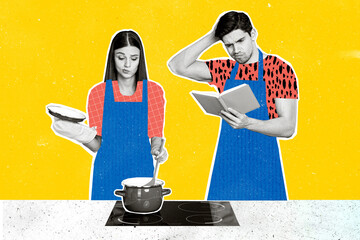 Collage picture of bonding enamored people family cooking meal soup first time hmm read hard recipe...