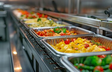 Ready for serving, heated trays are placed on the buffet line. Buffet breakfast and lunch served at hotel banquets.