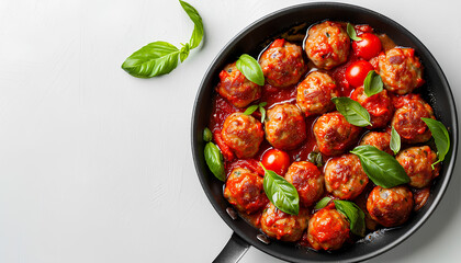 Frying pan of tasty meat balls with tomato sauce and basil on white background - obrazy, fototapety, plakaty