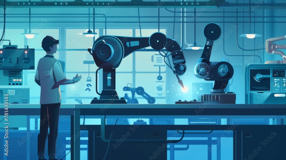 Leinwandbilder The engineer hand checks and controls the welding robotics automatic arms in the intelligent factory automotive industrial computer with software for monitoring the system......