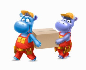 two working hippos are carrying  box isolated on white background