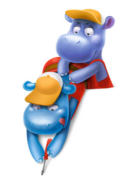 two working hippos isolated on white background