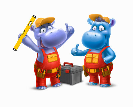 two working hippos isolated on white background