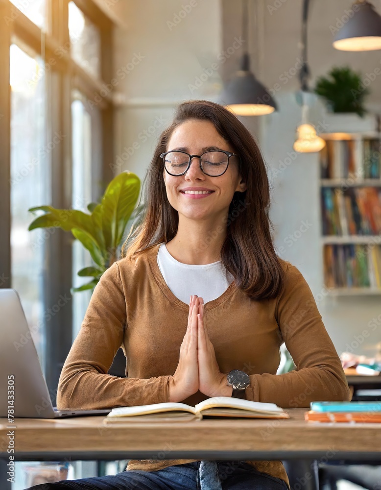 Wall mural woman meditates while working, finding inspiration in coworking space