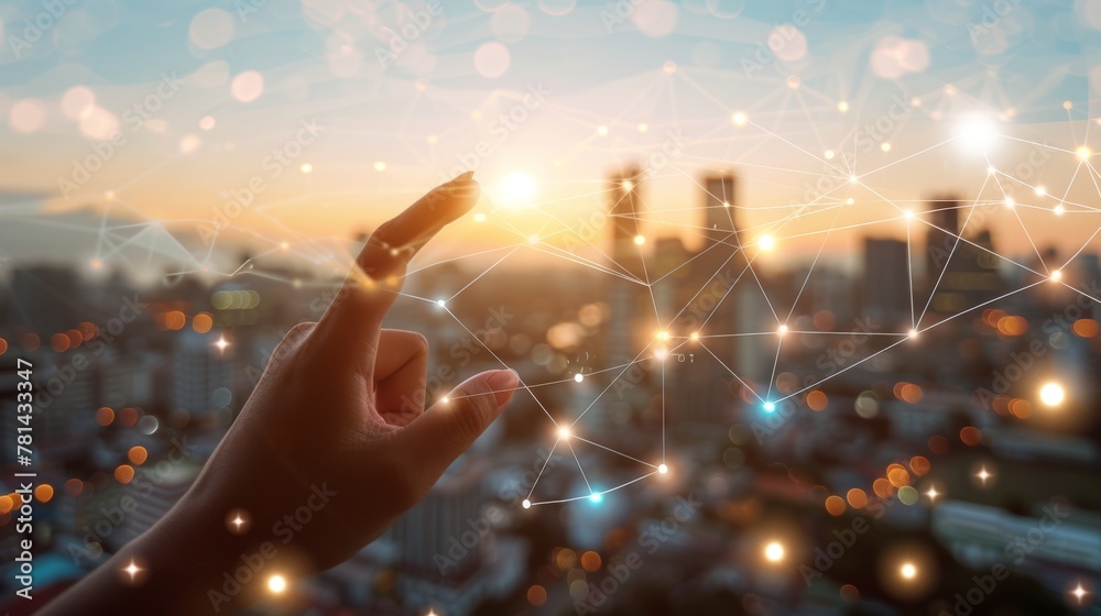 Aufkleber woman's hand touching wireless network and connection elements on an abstract city building.
