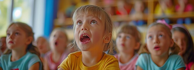 Young children yelling out the vowel sounds. Children in an elementary school sitting in a group - obrazy, fototapety, plakaty