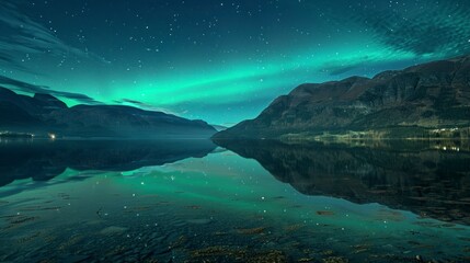 Northern lights seen from a large lake and mountains at night in high resolution and high quality. landscape concept