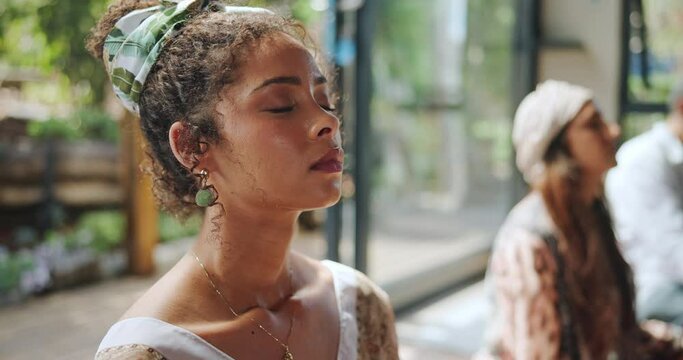 Girl, meditation and breathing calm for exercise or holistic ritual for spiritual or natural healing in sacred place. Female person or naturopath, traditional healer and shaman for cleansing mind.