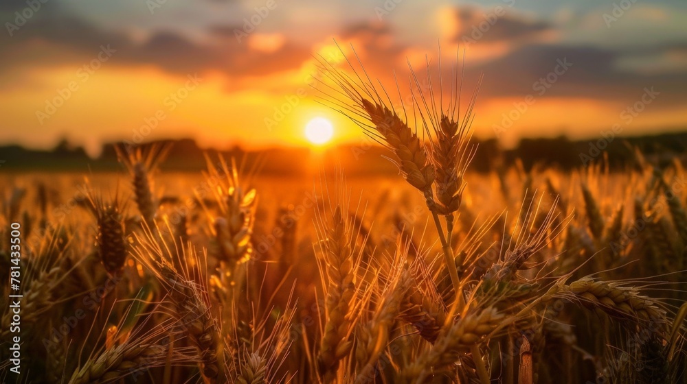 Poster field of mature wheat during sunset