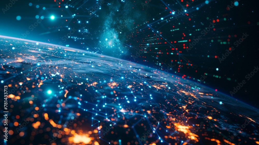 Poster This image shows the 5G network for internet business. The global world network and telecommunications on earth. Cryptocurrency and blockchain and the Internet of Things are elements of this image