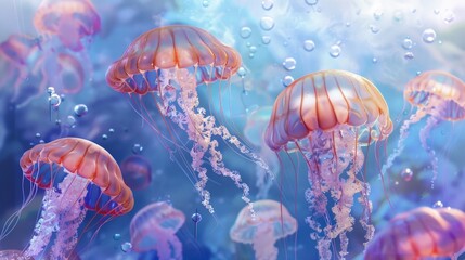 Jellyfish floating in water with water bubbles