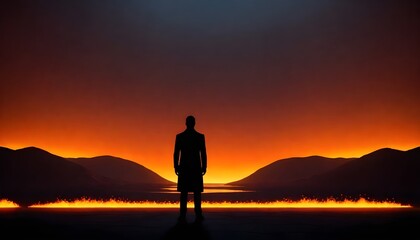 Silhouette of an adult standing in front of a bright orange light with a volcanic eruption and lava in the background