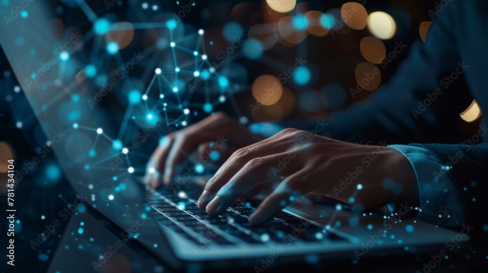 Poster Cyber security and data protection. Businessman using laptop computer to protect financial and business data. Innovative technology develops smart solutions.