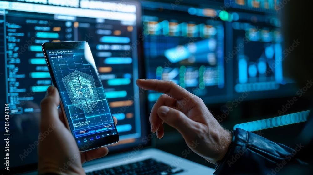 Poster An Internet, Cyber, Firewall Security Concept shows a businessman using his smart phone and laptop computer for data protection, information security, and encryption, as well as secured access to