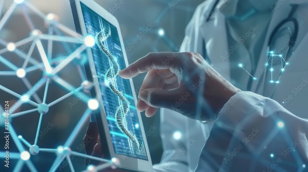Poster medic touching electronic medical record on tablet. dna. digital network connection and healthcare h