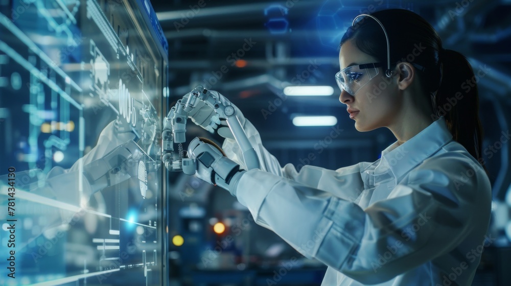 Poster Mechanic working with automation robot arms machine in intelligent factory industrial on real time monitoring system software. Digital future manufacture.....