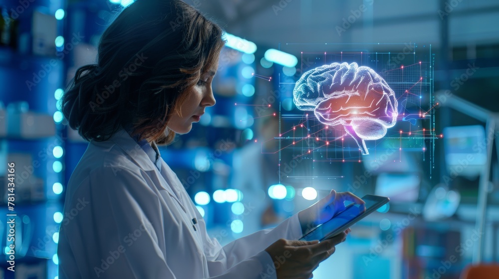 Poster on a technological tablet with futuristic user interface and holographic innovation, a female surgeo