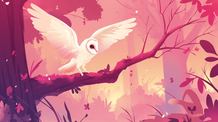 Coruja branca em cima de uma árvore na floresta no por do sol rosa  - Ilustração