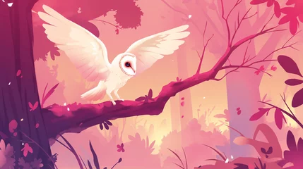 Poster Coruja branca em cima de uma árvore na floresta no por do sol rosa  - Ilustração © Vitor