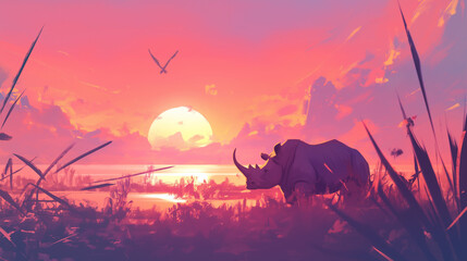 Rinoceronte no campo no por do sol rosa  - Ilustração - obrazy, fototapety, plakaty