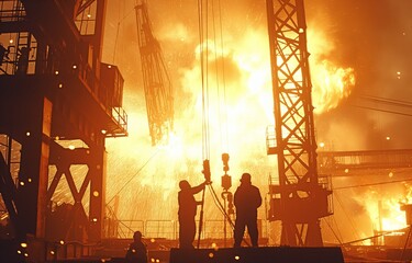 Workers in the steel industry securing steel to a crane.