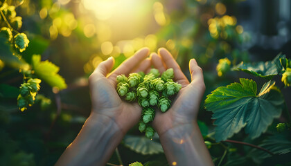 Close up of a woman holding fresh hops in his hands - obrazy, fototapety, plakaty