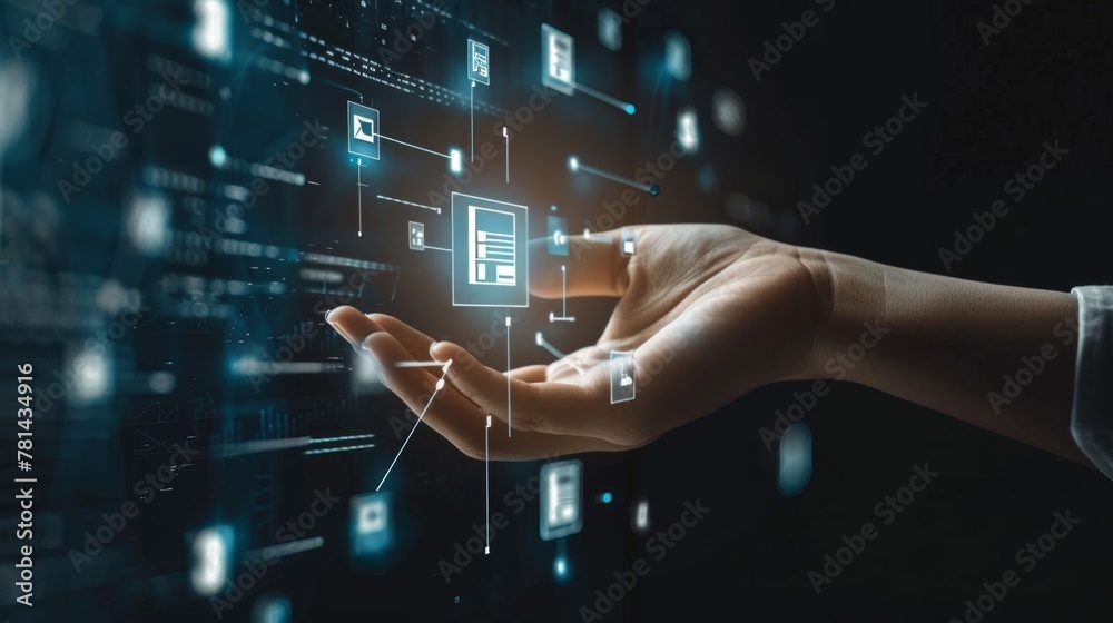 Poster a hand-touch icon depicting a business internet technology concept for document management data.