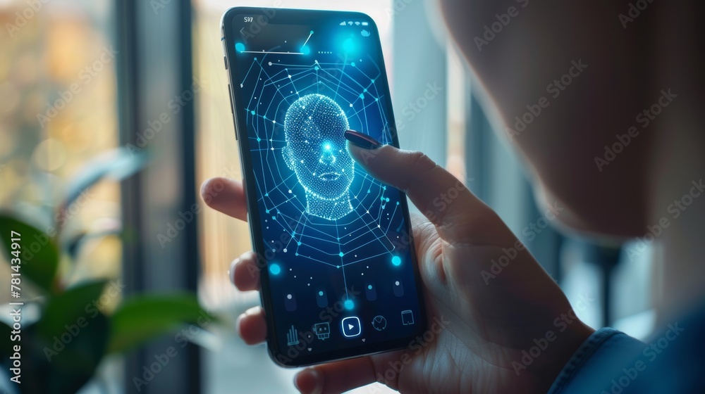 Aufkleber Facial recognition concept with hand-touching UI for securing smartphone with face identification.