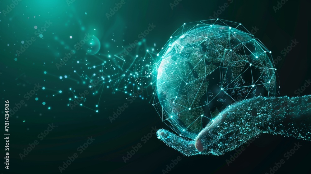Poster With world and globe icons and a modern interface, you can select the Big Data symbol by hand and press it.