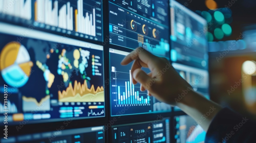 Poster Working on business data analytics process management, graph marketing dashboards, and KPI financial charts.