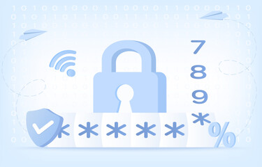 Safety, Security and Data protection concept. Account protect, encryption password, security lock. Authentication and identity to access data by binary code. Flat vector design illustration.
