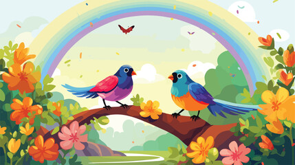 Illustration of birds in beautiful garden and rainb