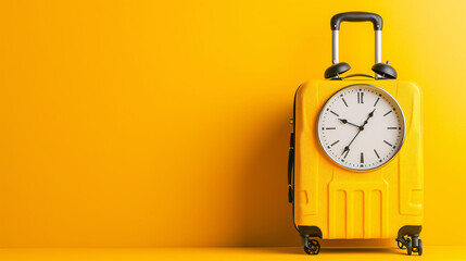 Travel concept, huge clock on yellow suitcase, studio simple color background - obrazy, fototapety, plakaty