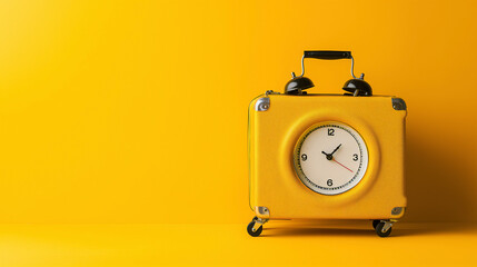 Travel concept, huge clock on yellow suitcase, studio simple color background - obrazy, fototapety, plakaty