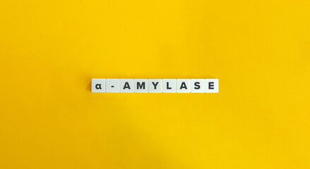 α-Amylase or Alpha-Amylase Banner. Text on Block Letter Tiles on Yellow Background. Minimalist Aesthetics.