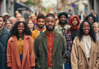 Photo of group people standing together, diversity and multi cultural concept, crowd with smiling faces looking at camera in city street