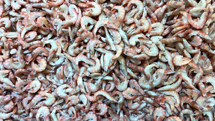 Raw shrimp background. Pile of frozen shrimps on white background.Close-up of frozen shrimps. Shrimp and ice,, top view.