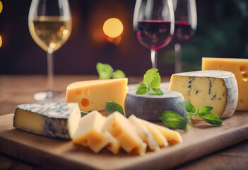 Elegant cheese platter with various cheeses, fresh mint, and wine glasses in the background, set on a rustic wooden table with warm, bokeh lighting. National cheese and wine day.