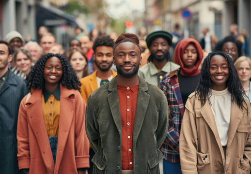 Fototapeta Photo of group people standing together, diversity and multi cultural concept, crowd with smiling faces looking at camera in city street